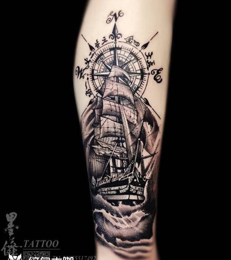 腿部帆船tattoo纹身图片_腿部纹身图案