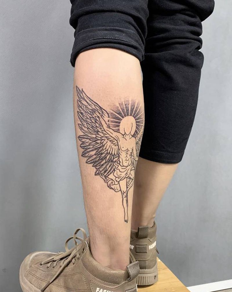 堕落天使纹身图片_腿部New School天使小腿纹身图案