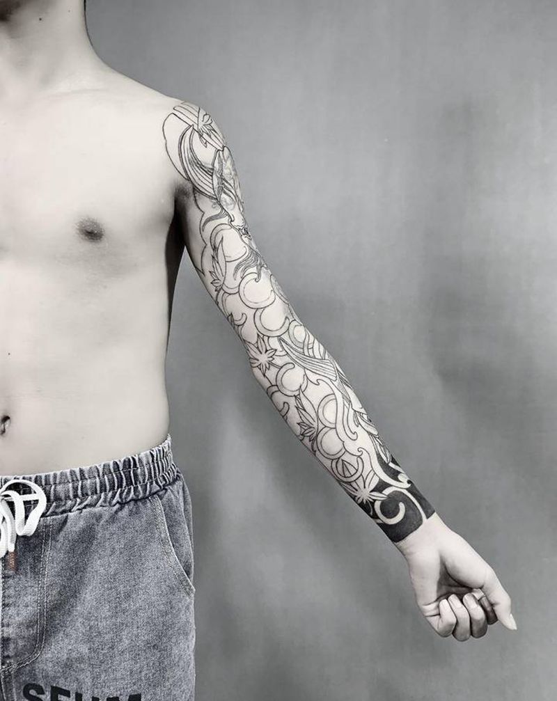 老传统花臂纹身图片_手臂老传统花臂般若纹身图案