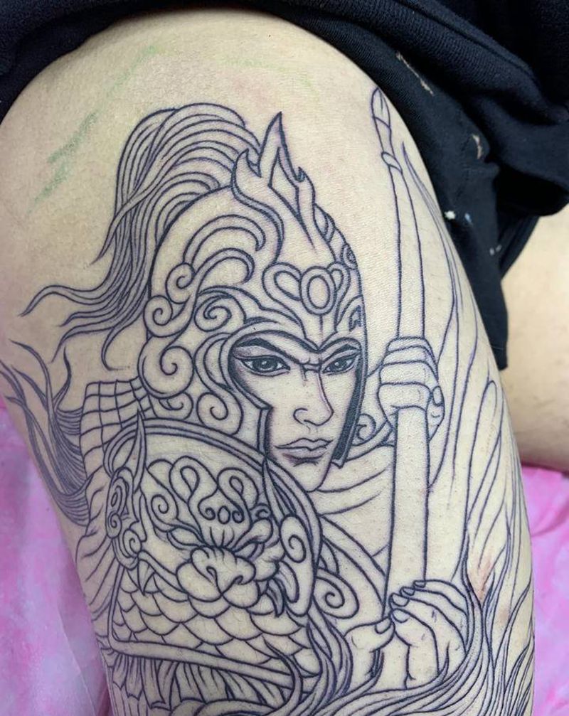 赵云线条纹身图片_腿部新传统赵云传统人物花腿纹身图案