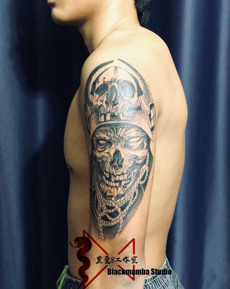 暗黑写实纹身图片_手臂欧美写实骷髅暗黑纹身图案