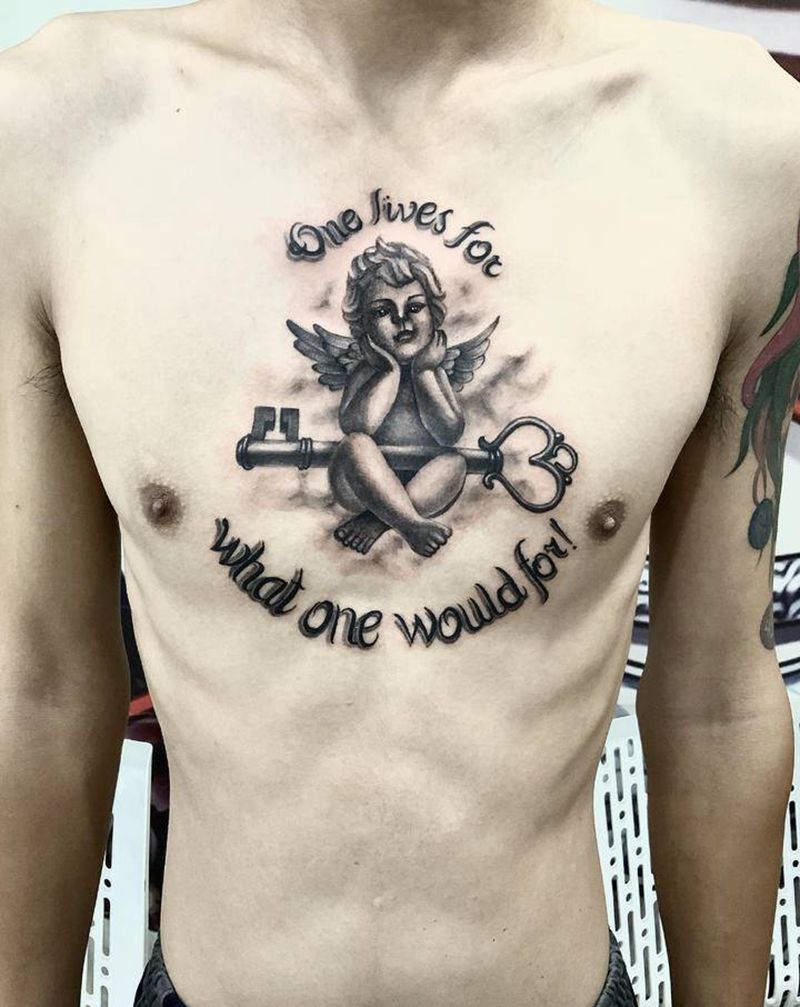 小天使纹身图片_胸部欧美写实点刺纹身图案