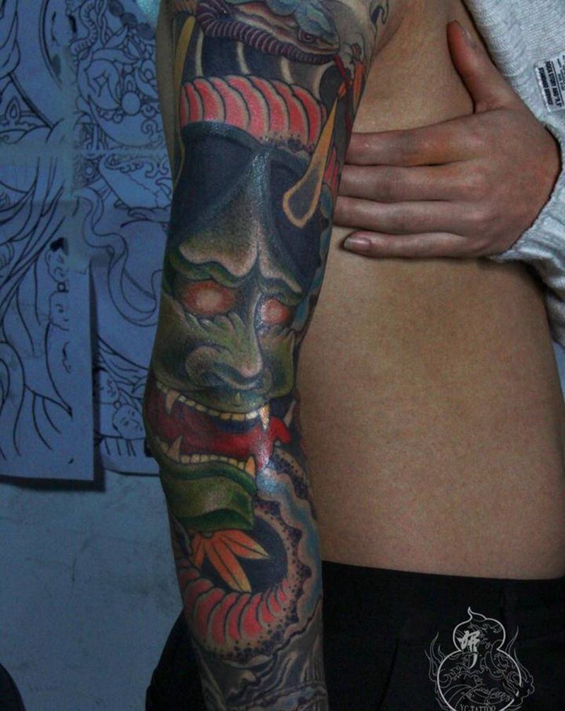 般若 花臂纹身图片_手臂新传统般若蛇纹身图案