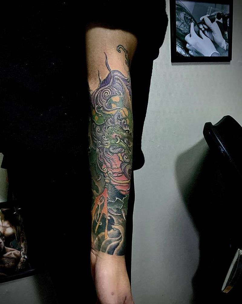 遮盖唐狮客人皮肤太暗纹身图片_手臂新传统纹身图案