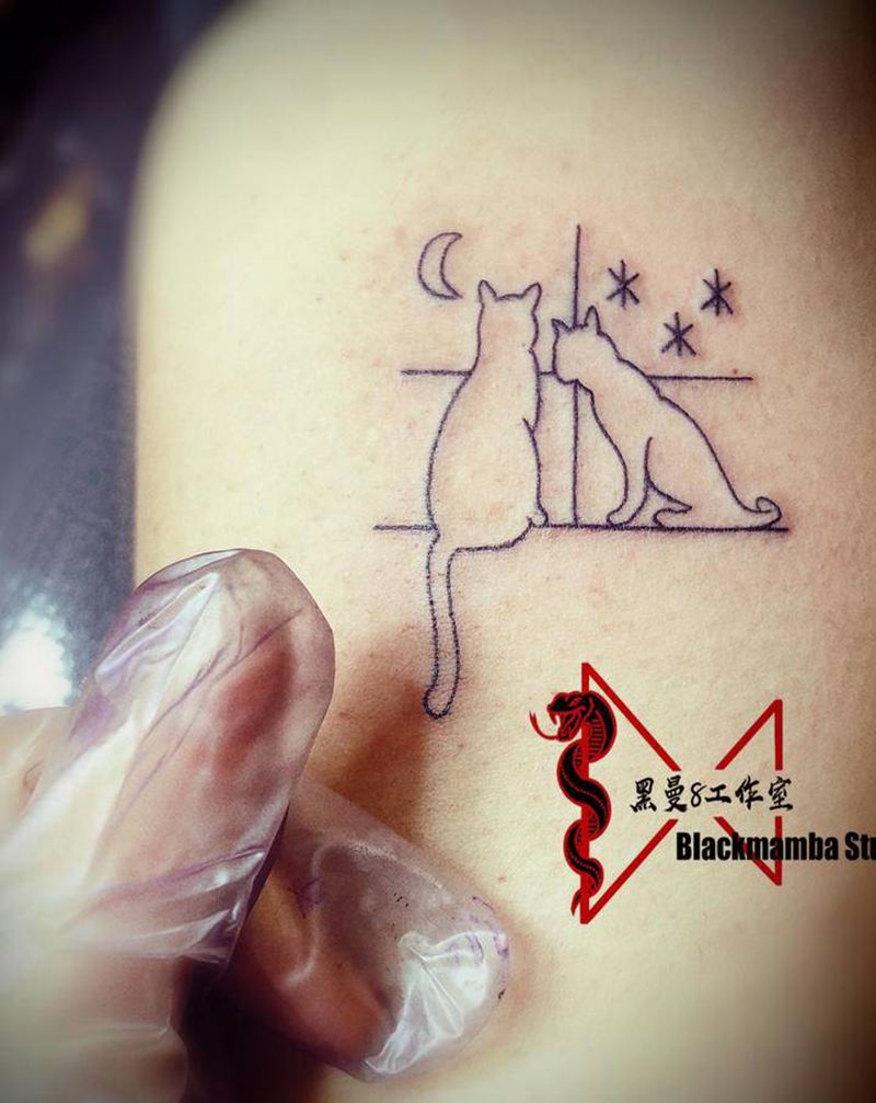 温暖纹身图片_手臂几何小清新小猫简笔纹身图案