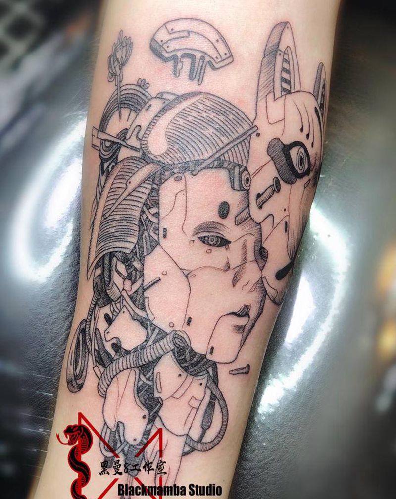 机器人艺妓纹身图片_手臂欧美写实机器人艺妓赛博朋克纹身图案
