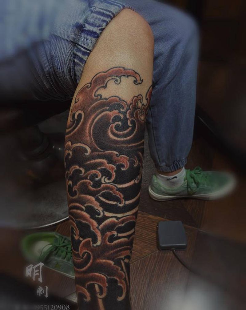 浪花纹身 浪起来好吗哈哈纹身图片_腿部老传统纹身图案