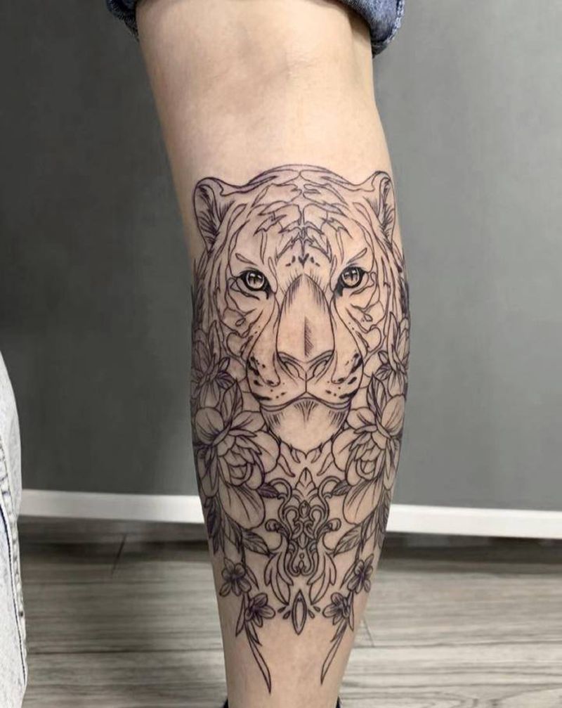老虎 半成品纹身图片_腿部欧美写实老虎纹身图案