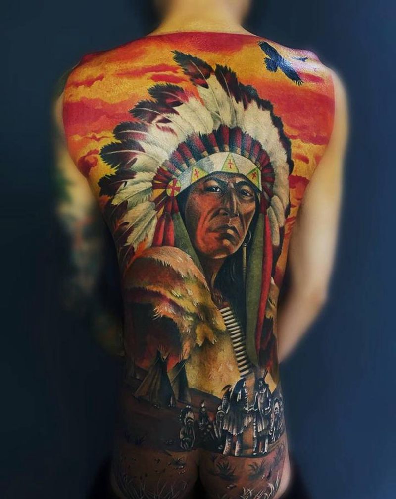 酋长纹身图片_背部欧美写实纹身图案