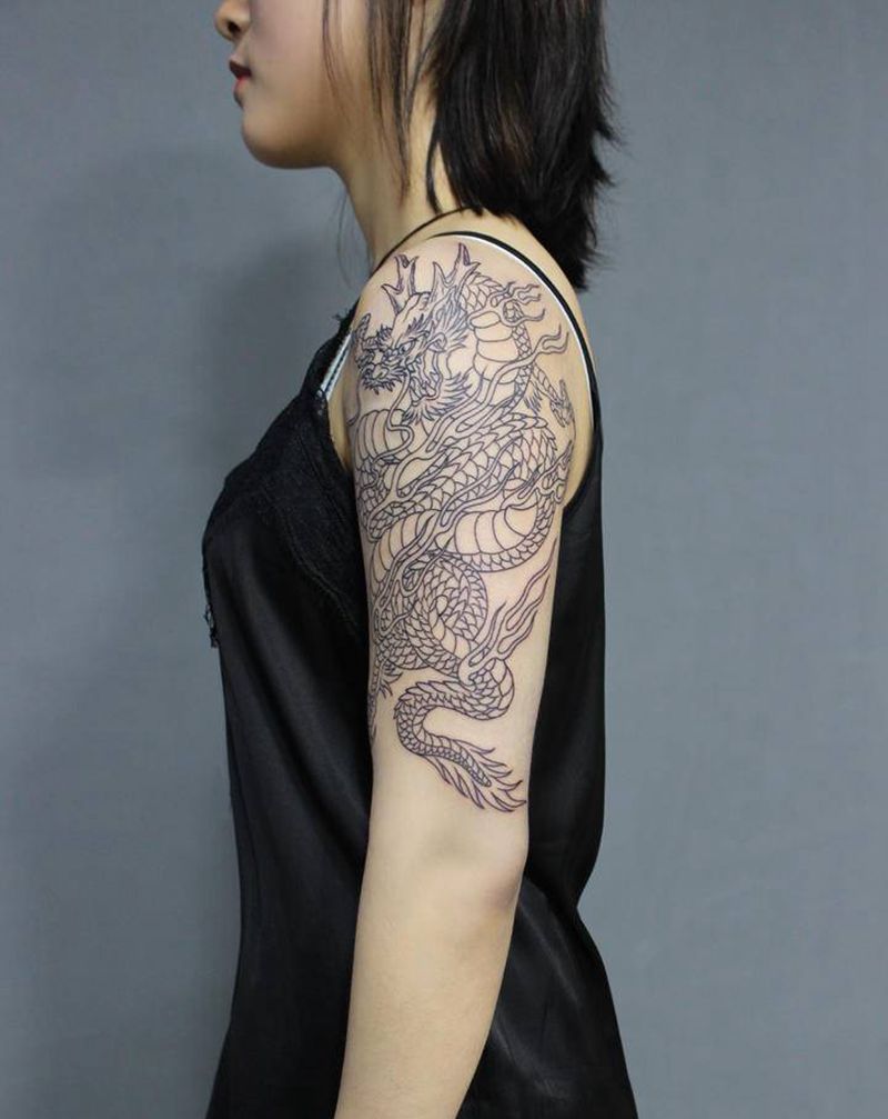 中国风龙线条纹身图片_手臂新传统龙中国风纹身图案