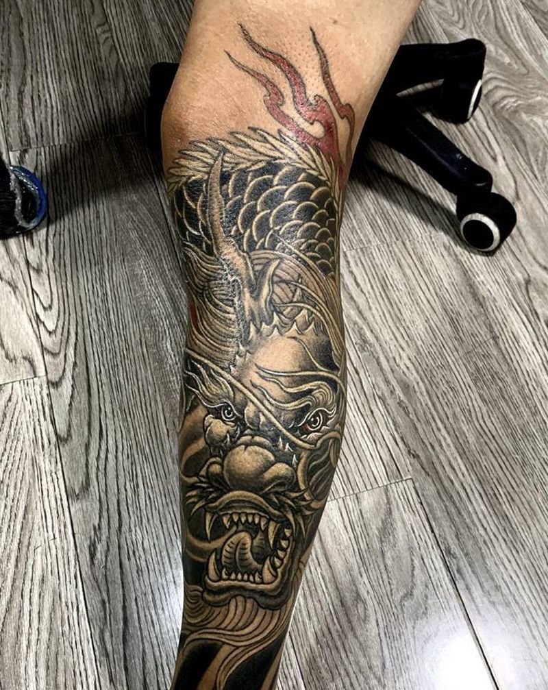 包小腿中国龙纹身图片_腿部新传统龙中国龙包腿纹身图案