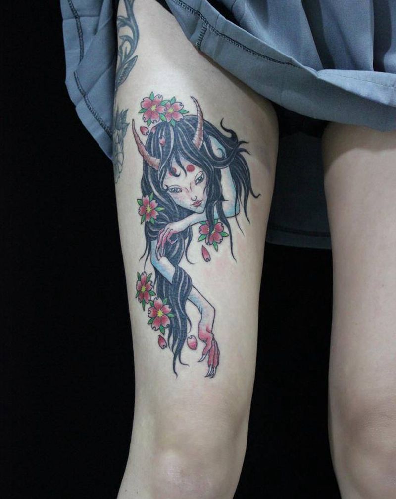 夜叉纹身图片_腿部新传统魔女纹身图案