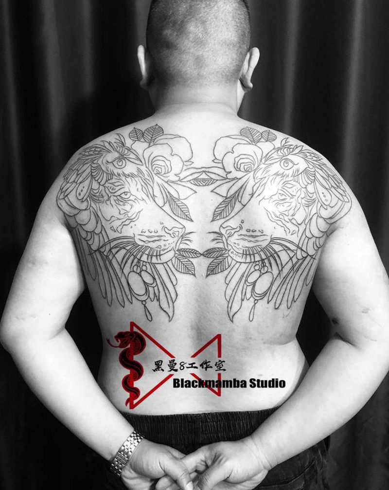 未完成～双虎纹身图片_背部New School老虎猫头鹰欧美纹身图案