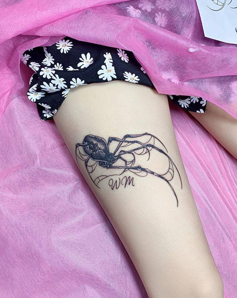蜘蛛纹身图片_腿部欧美写实蜘蛛昆虫纹身图案