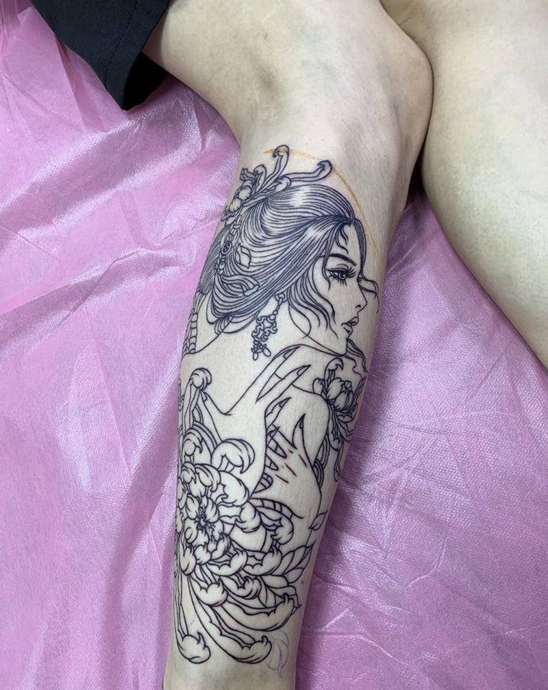 艺妓线条纹身图片_腿部新传统艺妓小腿中国风仕女纹身图案