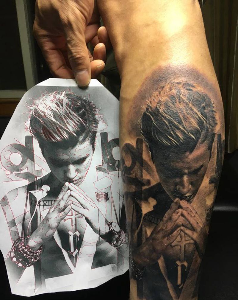 比伯纹身图片_腿部欧美写实肖像明星写实纹身图案