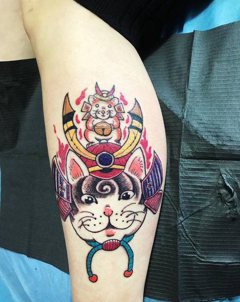 猫纹身图片_腿部New School纹身图案