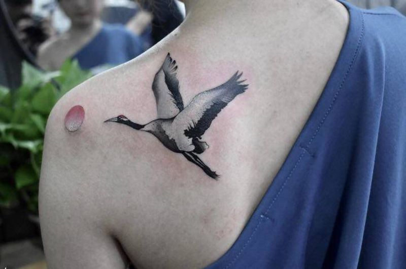 仙鹤纹身图片_手臂背部水彩纹身图案