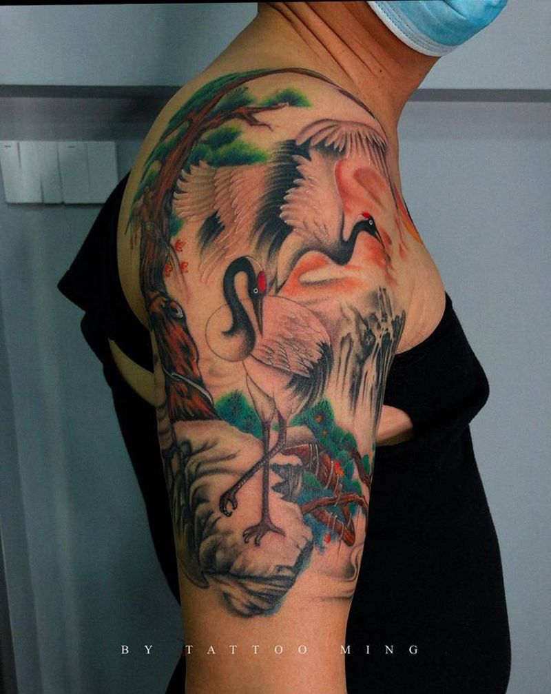 仙鹤纹身图片_手臂新传统纹身图案