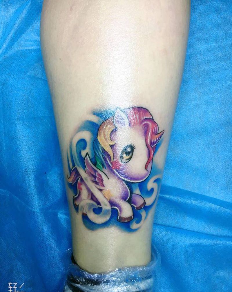 小马纹身图片_腿部水彩小马宝莉彩色纹身图案