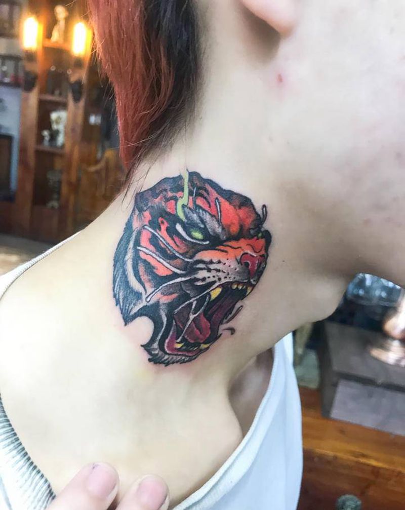 老虎纹身图片_颈部New School纹身图案