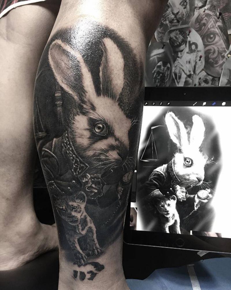全家人的幸福纹身图片_腿部欧美写实兔子狮子王天秤纹身图案
