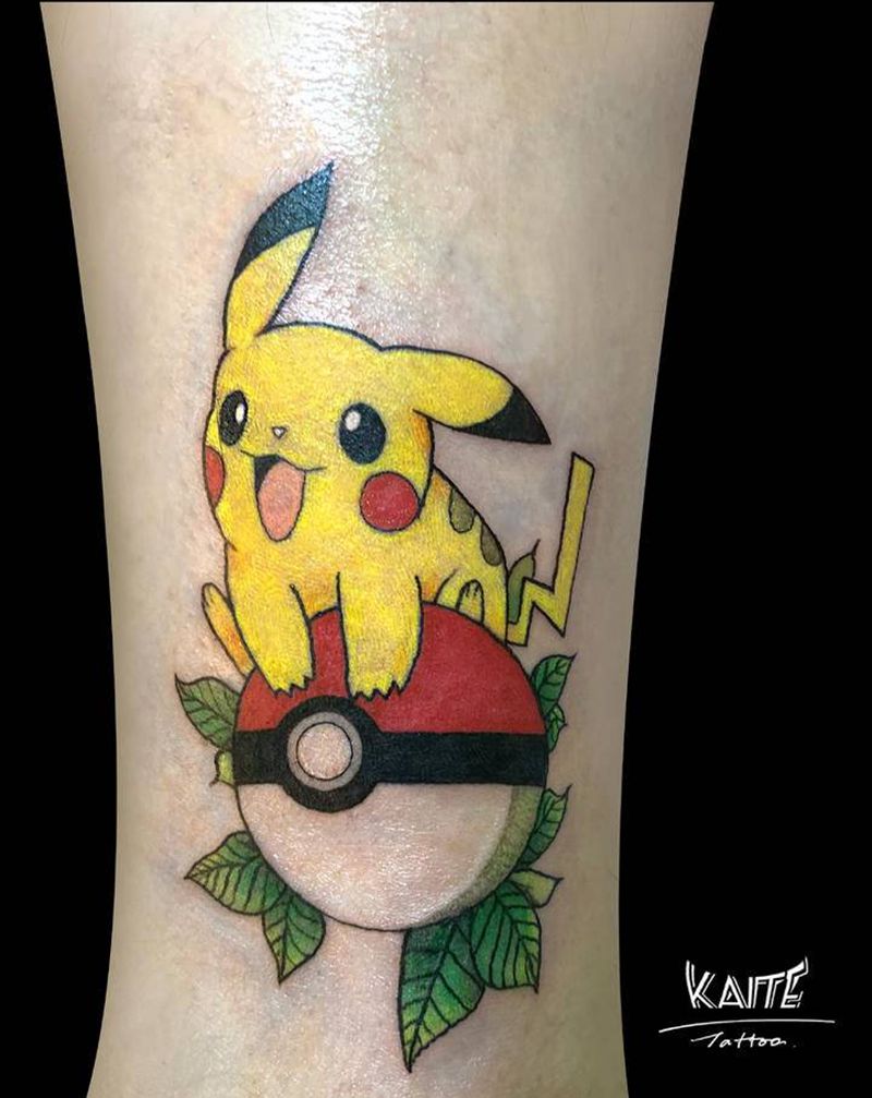 皮卡丘纹身图片_腿部水彩皮卡丘纹身图案