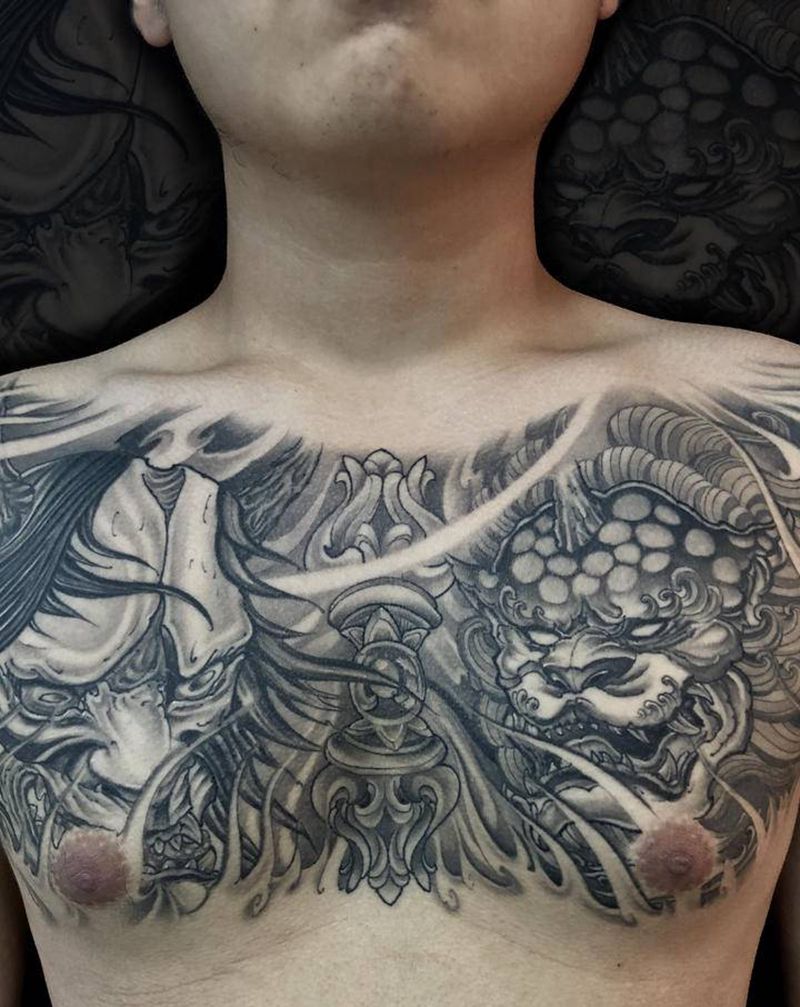 般若唐狮.纹身图片_胸部新传统纹身图案