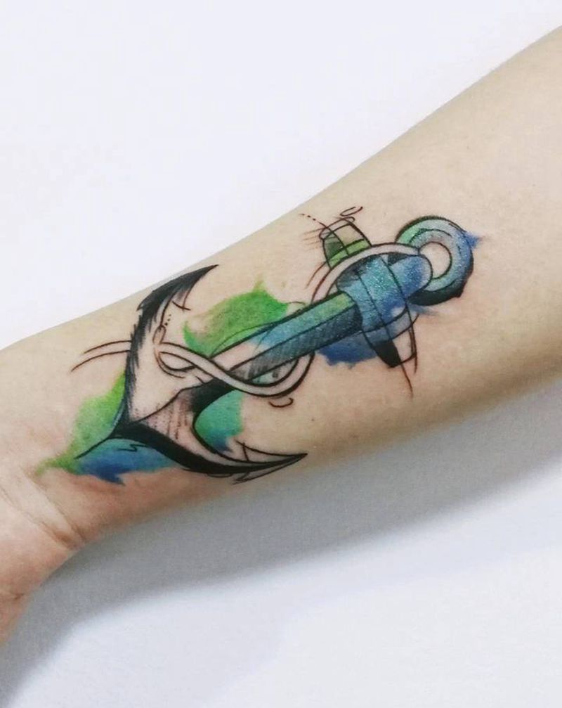 船锚纹身图片_手臂水彩纹身图案