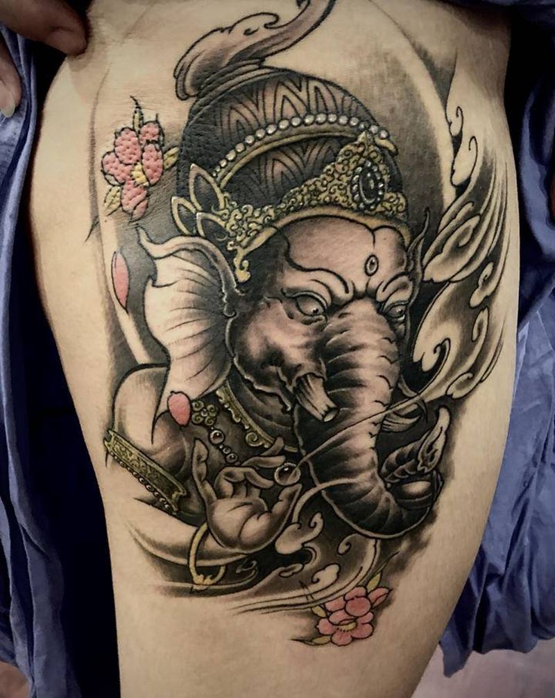 象神纹身图片_腿部新传统纹身图案