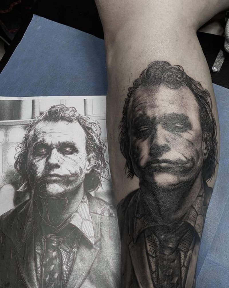 小丑纹身图片_腿部欧美写实小丑蝙蝠侠欧美纹身图案