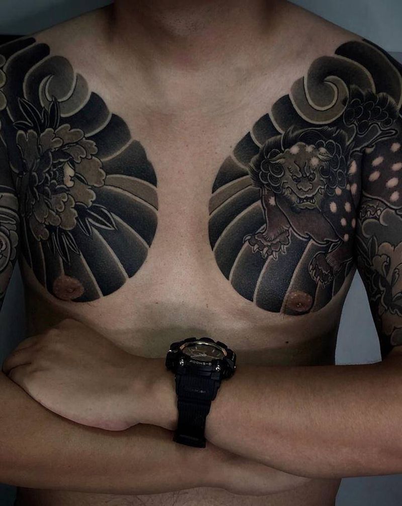 唐狮牡丹.纹身图片_胸部手臂老传统纹身图案