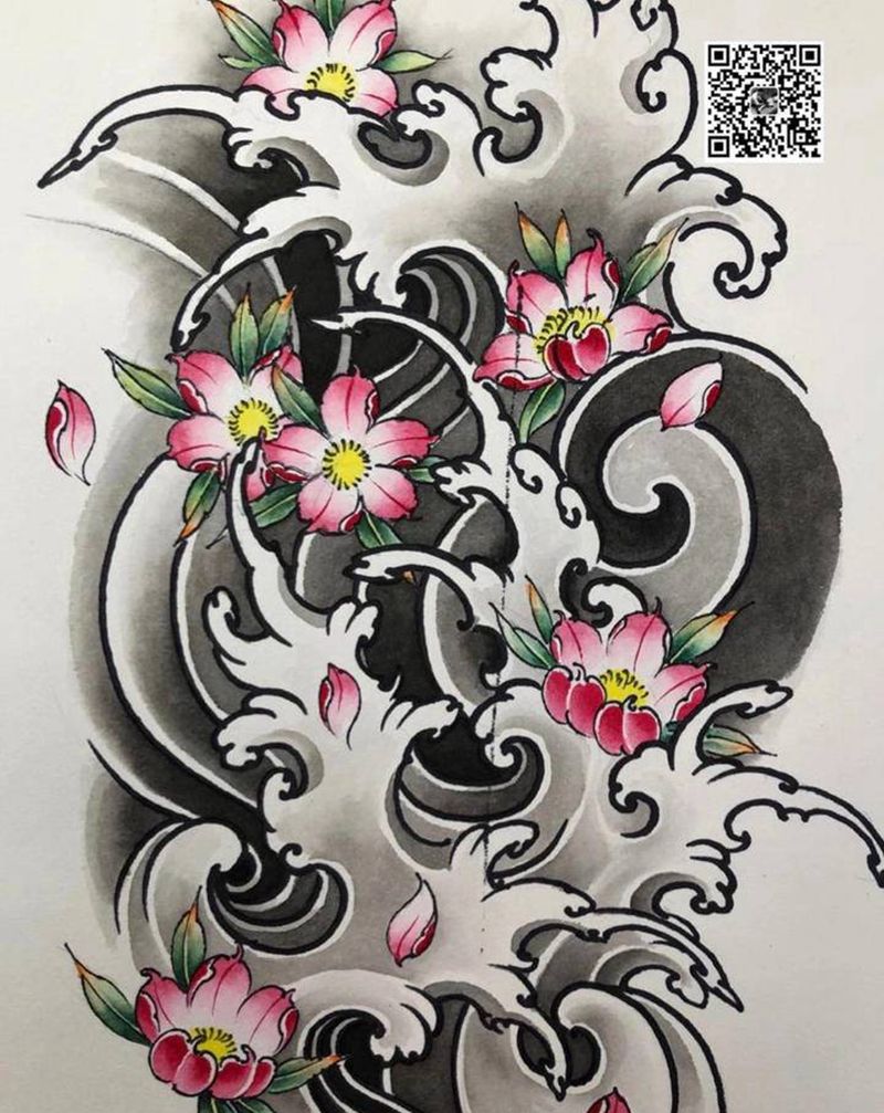 浪花手稿纹身图片_新传统老传统纹身图案