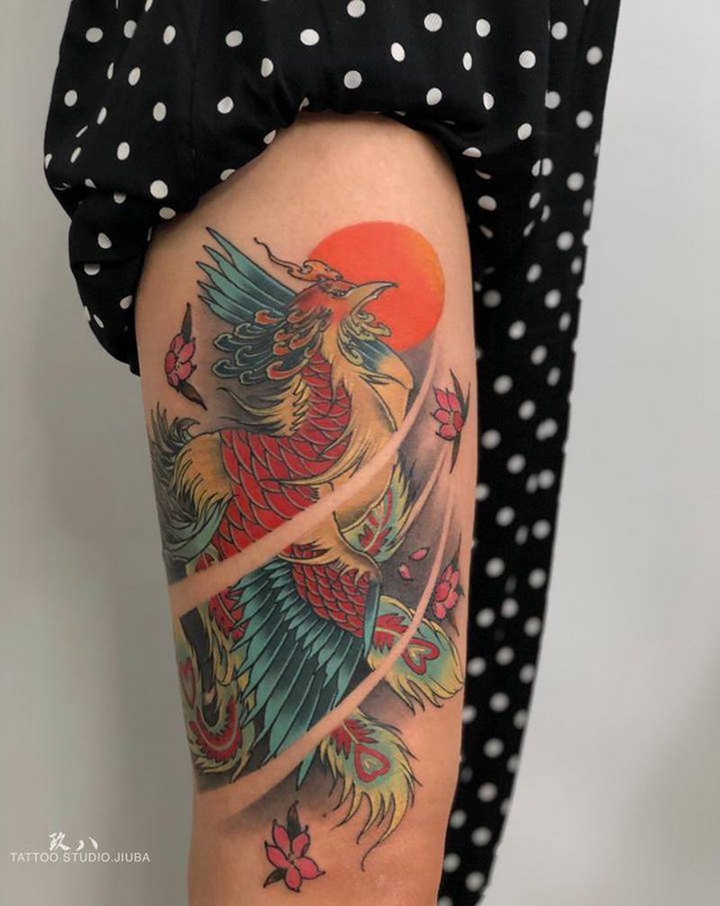 凤凰纹身图片_腿部新传统纹身图案