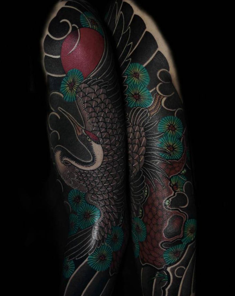 鹤松纹身图片_手臂老传统纹身图案