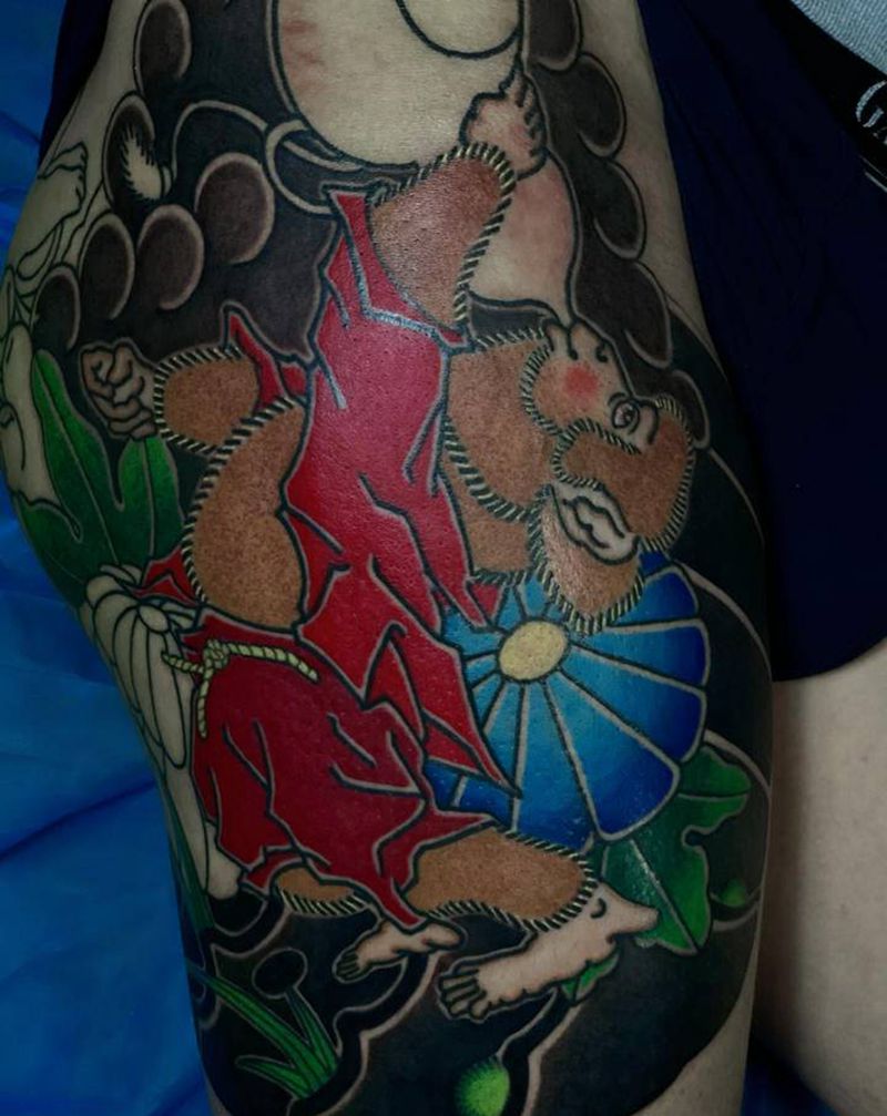 通体一角-醉猴纹身图片_腿部老传统纹身图案