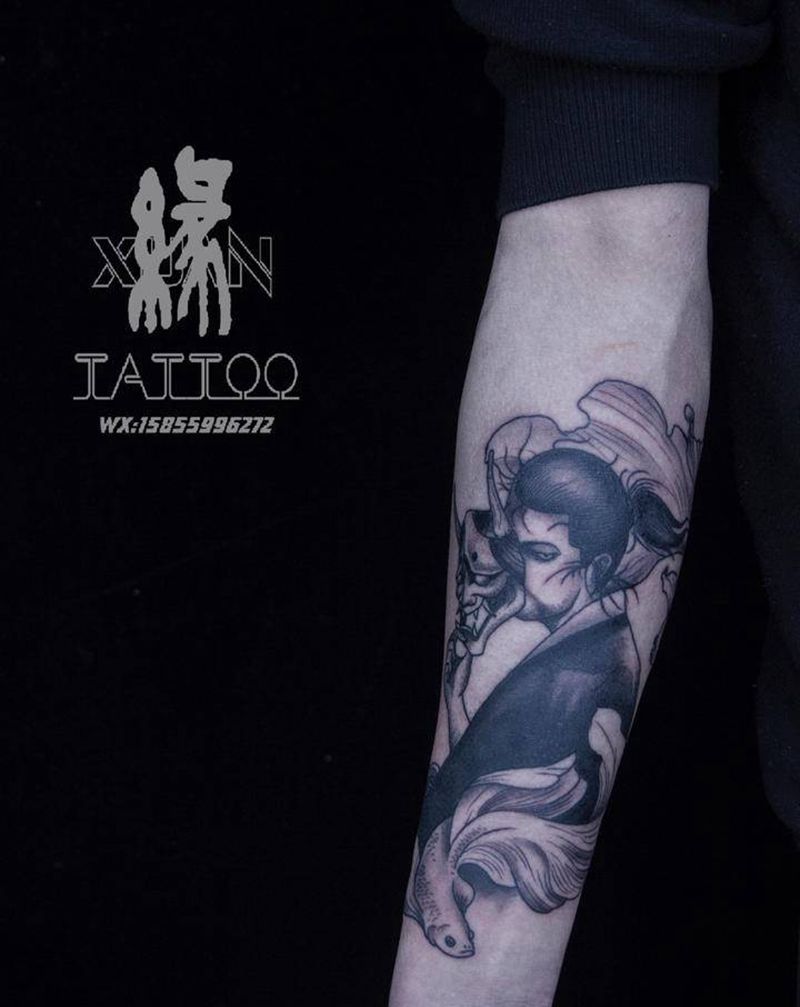 宫本武藏纹身图片_手臂新传统宫本武藏鱼武士纹身图案