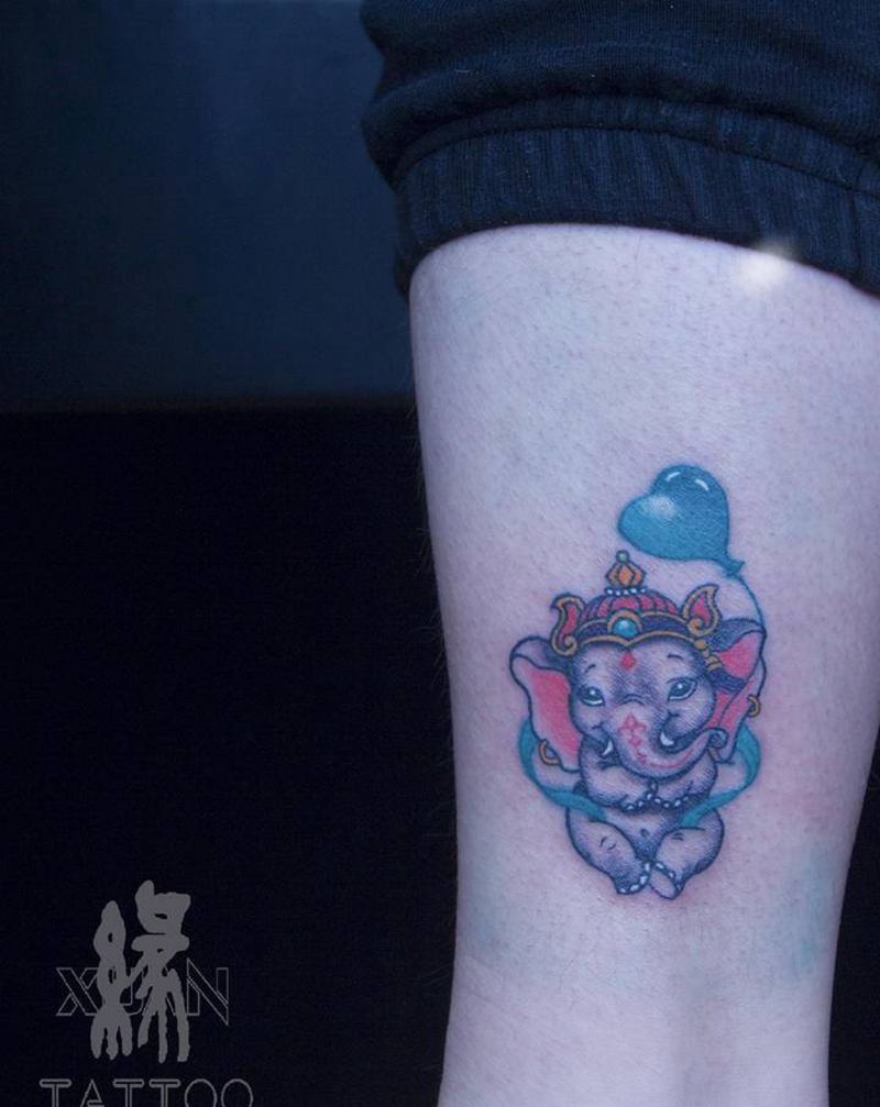 小清新纹身图片_腿部脚部New School水彩象小可爱小清新纹身图案