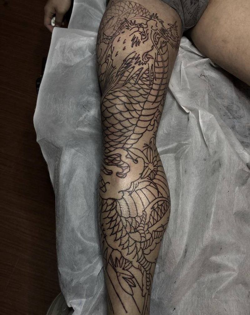 老传统花腿待上色纹身图片_腿部老传统纹身图案