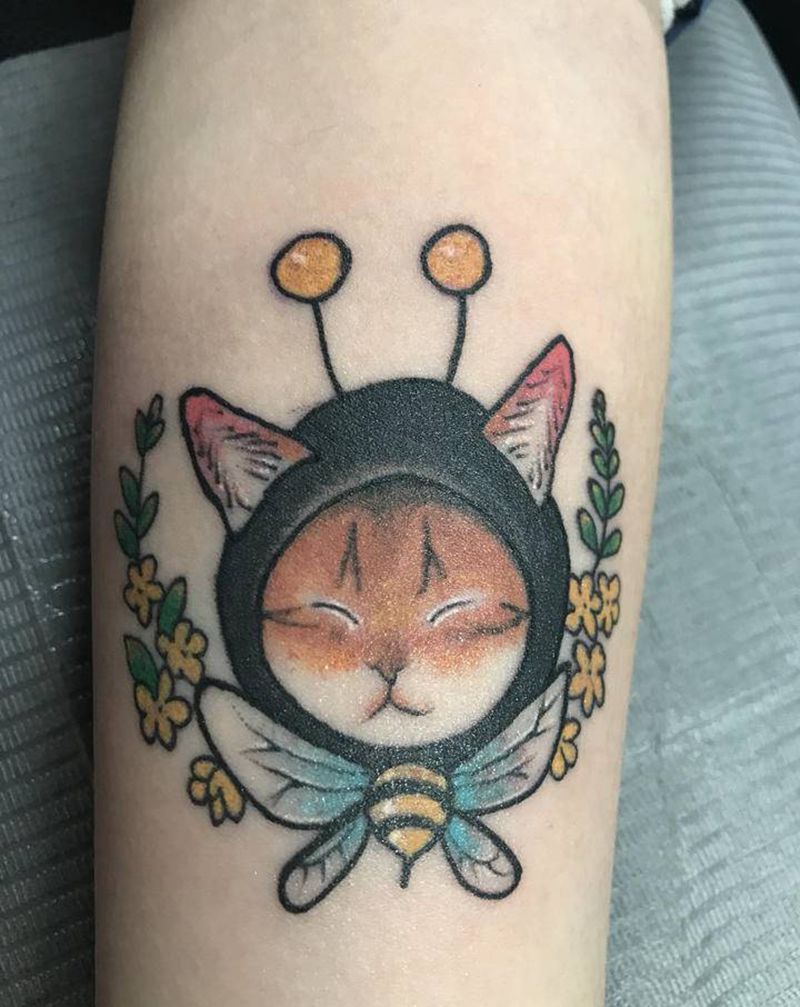 猫纹身图片_手臂水彩纹身图案