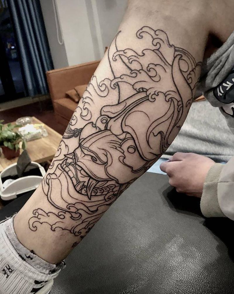 般若线条纹身图片_腿部新传统纹身图案