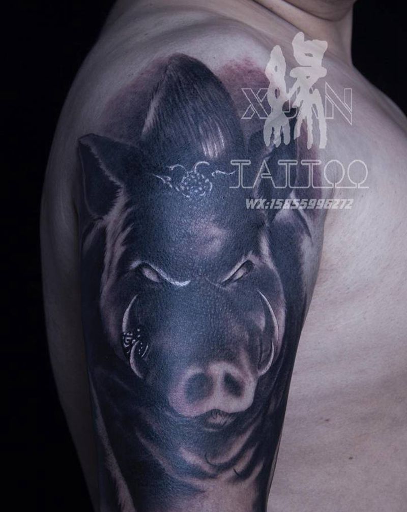 天蓬元帅纹身图片_手臂欧美写实猪八戒猪写实纹身图案