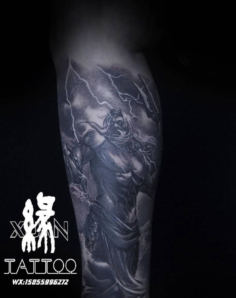 海王纹身图片_腿部欧美写实海王纹身图案