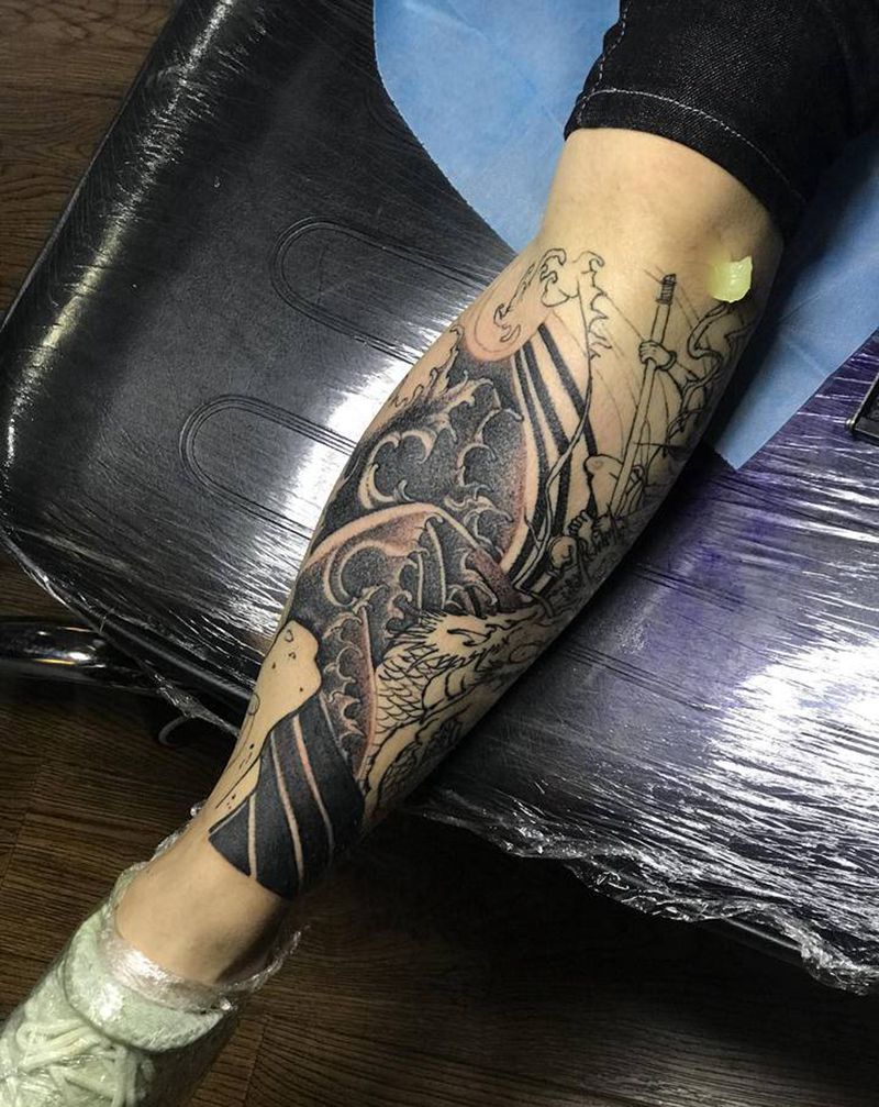 包小腿哪吒未完纹身图片_腿部纹身图案