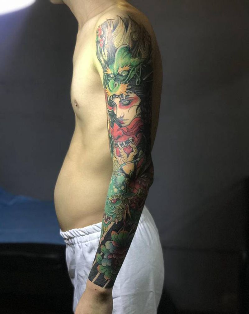 彩色花臂，顾客自带图纹身图片_手臂手部新传统纹身图案