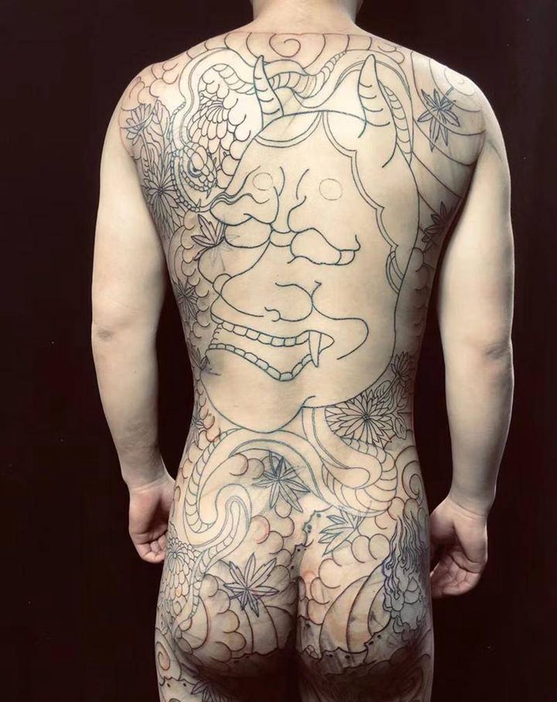 全程手绘满背般若与蛇纹身图片_背部老传统纹身图案