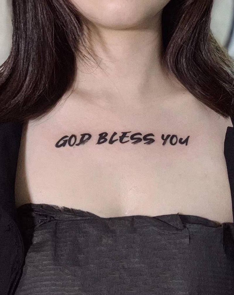 GOD BLESS YOU纹身图片_胸部笔刷 毛笔纹身图案