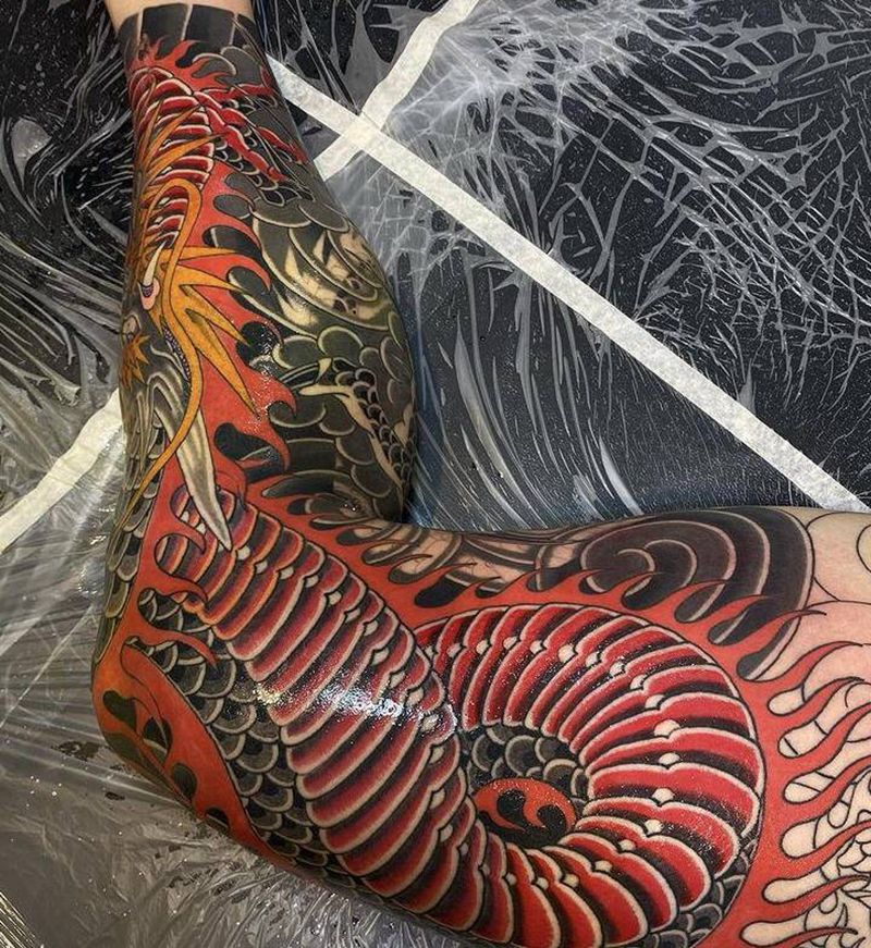 龙纹身的男孩纹身图片_腿部老传统纹身图案