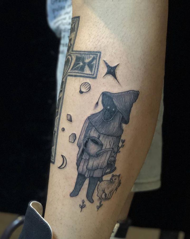 暗黑无脸纹身图片_腿部点刺纹身图案