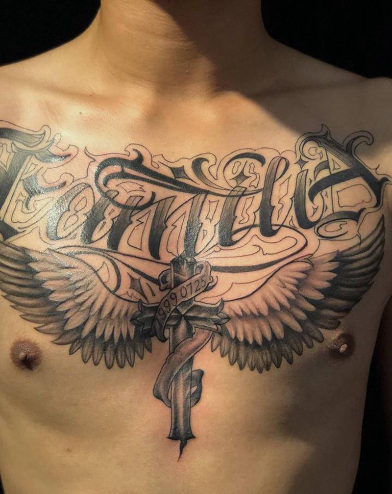 花胸纹身图片_胸部花体字纹身图案